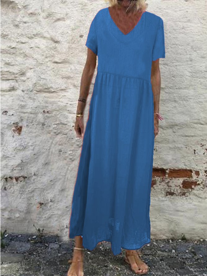 Zolucky Woman Short Sleeve Cotton-Blend V Neck Plain Casual Weaving Dress