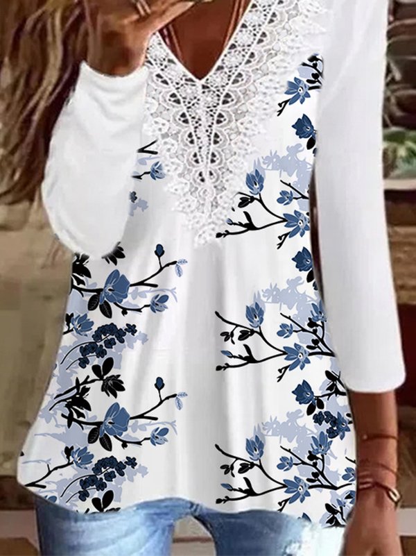 Lace Casual Floral V Neck Long Sleeve T-Shirt