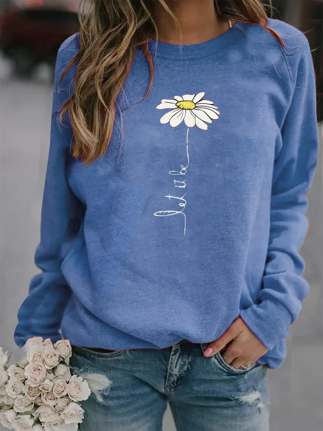 Women Round Neck Sunflower Printed Long Sleeve Sweatshirt