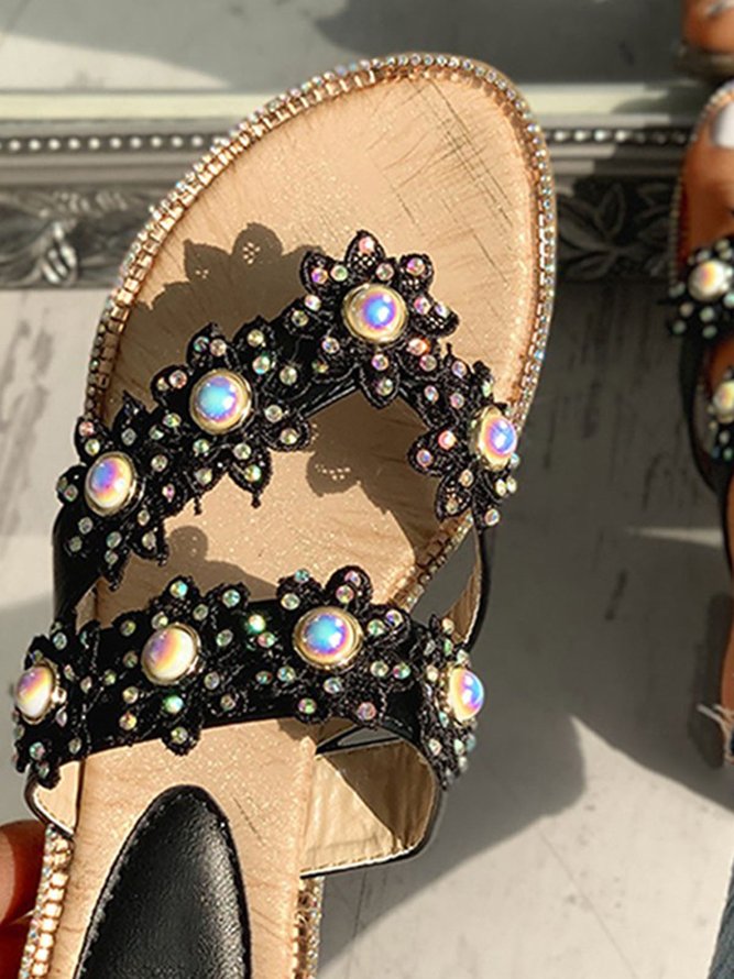 Women's Bohemian Pearl Floral Plus Size Slipper Sandals