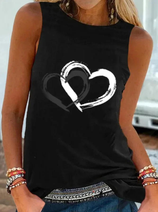 Casual Sleeveless Round Neck Heart Printed  Vests