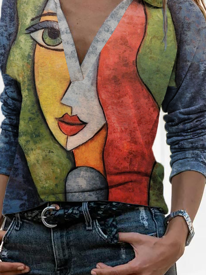 Casual Abstract Cotton V Neck Top