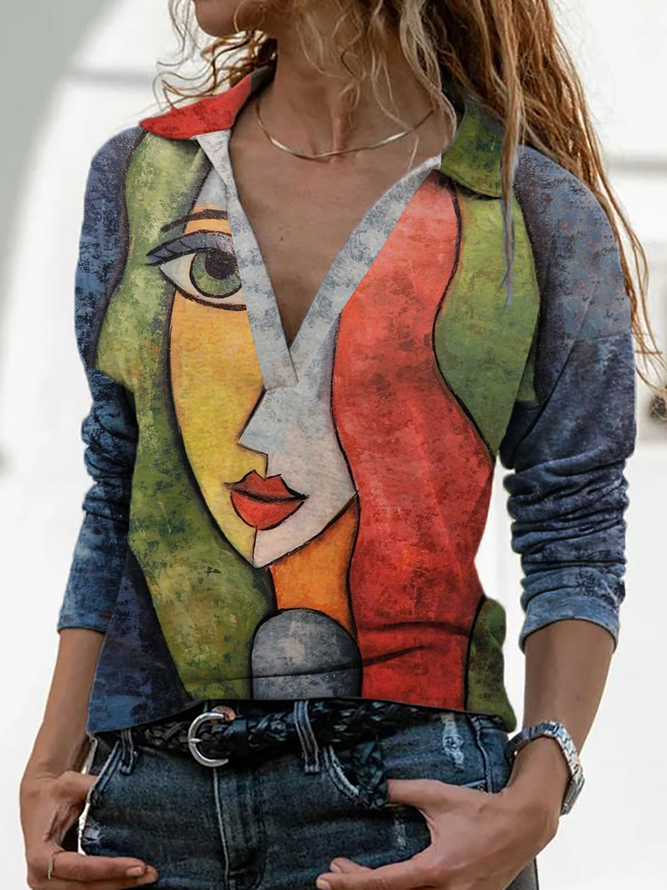 Casual Abstract Cotton V Neck Top