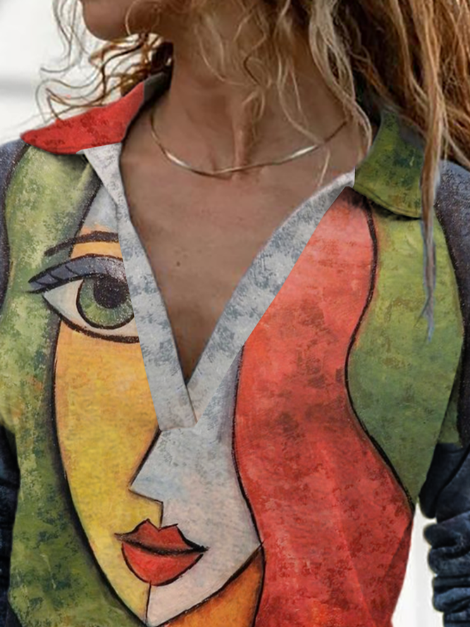 Casual Abstract Cotton V Neck Top
