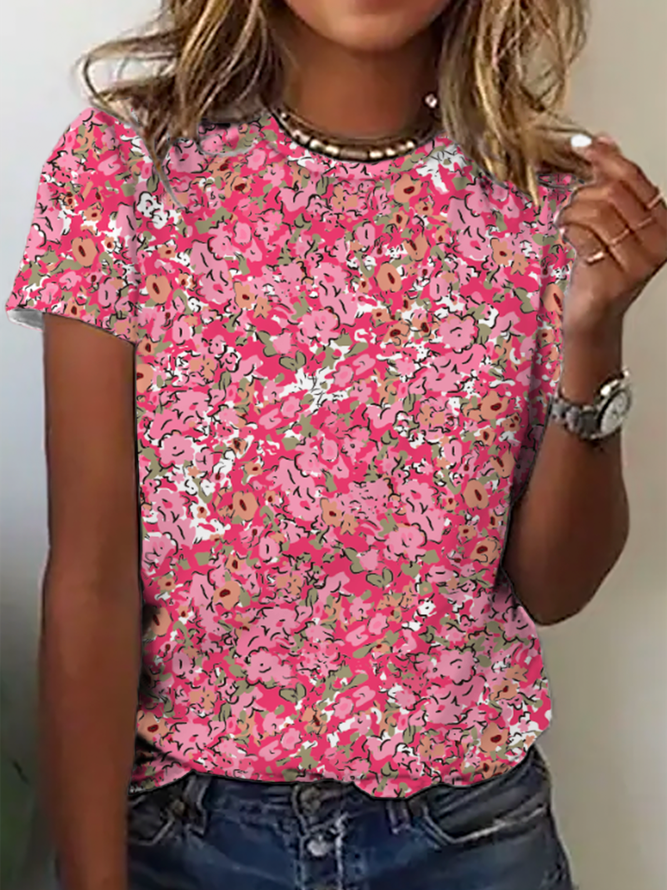 Plus size Floral Casual Crew Neck Short Sleeve T-Shirt