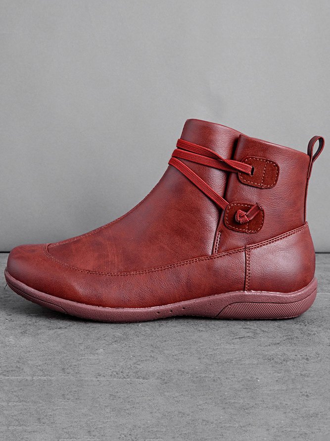 zolucky Vintage Women Casual Braided Strap Breathable Lether PU Flat Heel Classic Boots