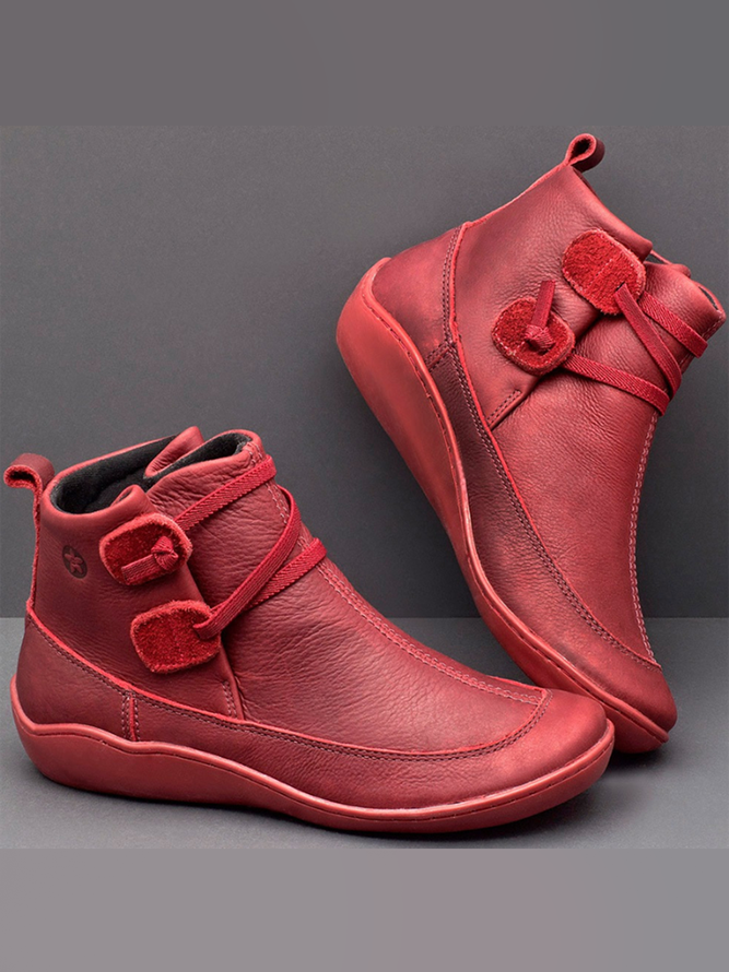 zolucky Vintage Women Casual Braided Strap Breathable Lether PU Flat Heel Classic Boots