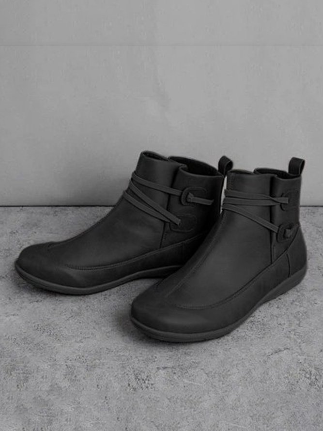 zolucky Vintage Women Casual Braided Strap Breathable Lether PU Flat Heel Classic Boots