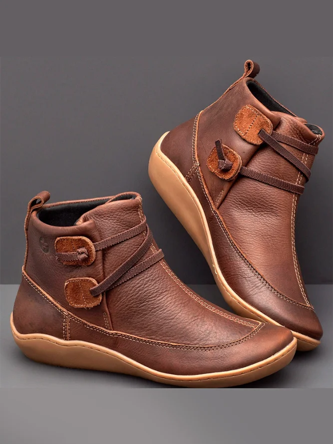 zolucky Vintage Women Casual Braided Strap Breathable Lether PU Flat Heel Classic Boots