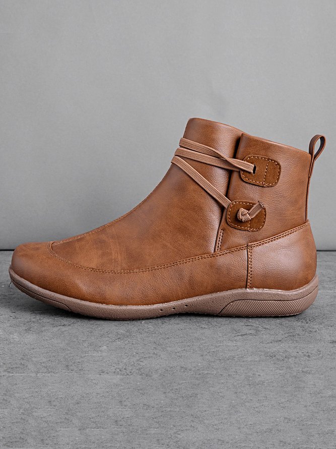 zolucky Vintage Women Casual Braided Strap Breathable Lether PU Flat Heel Classic Boots