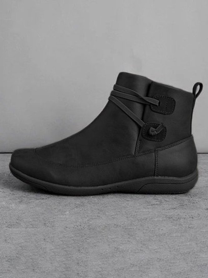 zolucky Vintage Women Casual Braided Strap Breathable Lether PU Flat Heel Classic Boots