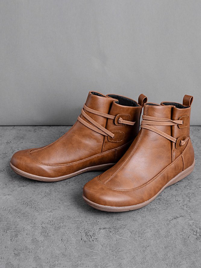 zolucky Vintage Women Casual Braided Strap Breathable Lether PU Flat Heel Classic Boots