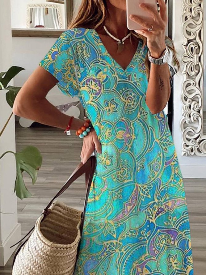 Casual Painted V Neck Short Sleeve Knit Dress