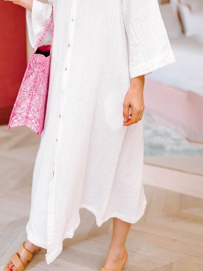 Casual Loosen Solid V neck Long Sleeve Woven Dress