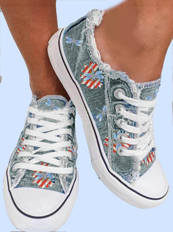 American Flag Dragonfly Lace Up Sneakers Dark Grey Wash Denim Espadrilles