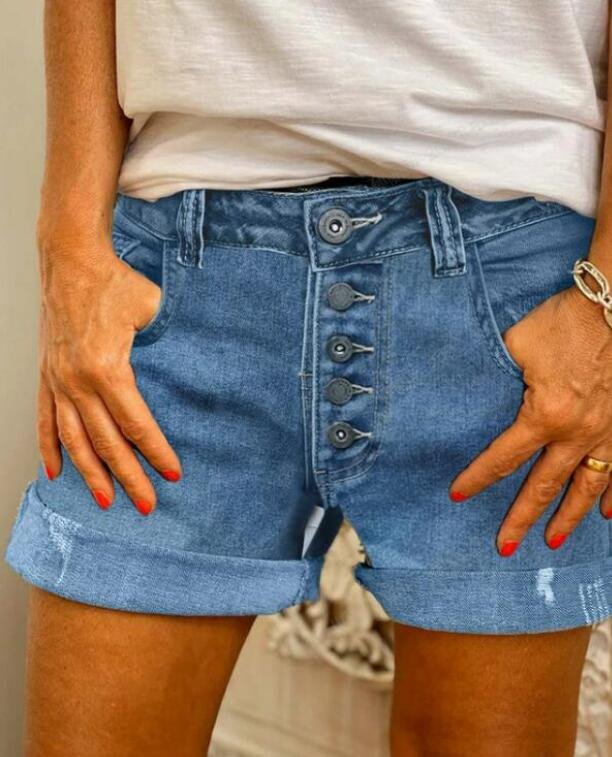 Blue Pockets Casual Cotton-Blend Denim shorts