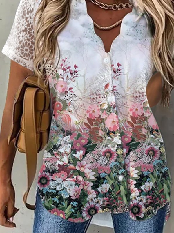 Lace V neck Casual Short Sleeve Blouse