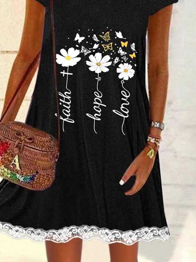 Floral Casual Lace Short Sleeve A-line Dress