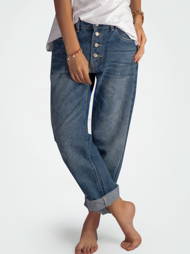 Blue Denim Buttoned Long Jeans Plain Daily Casual H-Line Straight Pants With Pockets