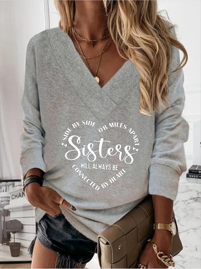 Casual V Neck Loose Text Letters Long Sleeve Sweatshirt