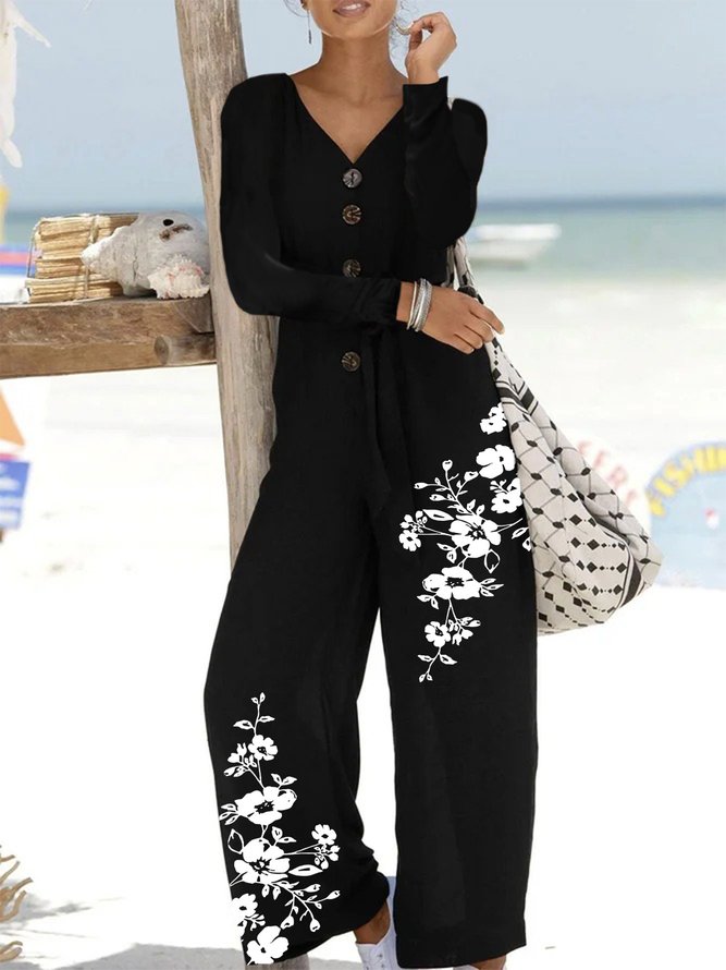 Floral Long Sleeve Buttoned V Neck Casual Jumpsuit