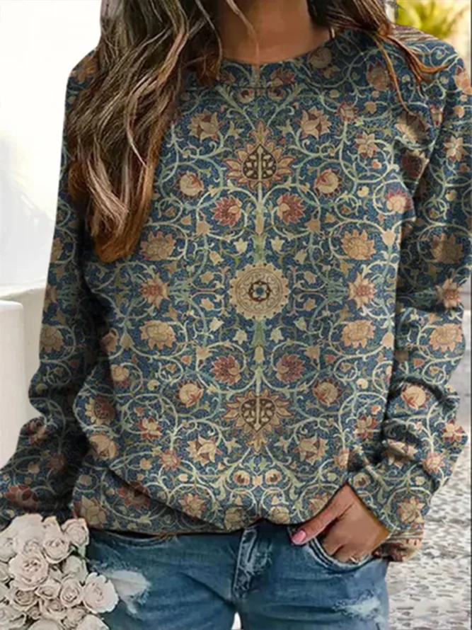 Casual Long Sleeve Crew Neck Ethnic Loose Sweatshirt