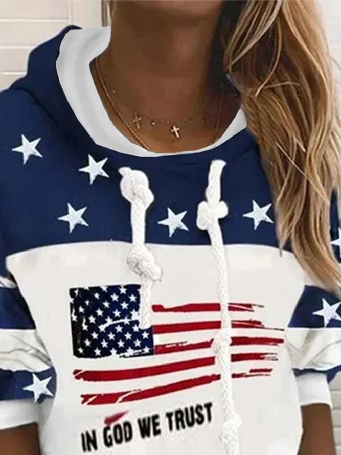 Color-block Stars Flag Letters Printed Hoodie Long Sleeve Casual Sweatshirt