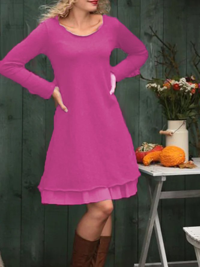 Solid Crew Neck Long Sleeve Knitting Dress