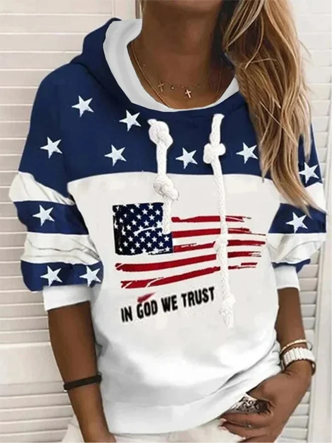 Color-block Stars Flag Letters Printed Hoodie Long Sleeve Casual Sweatshirt