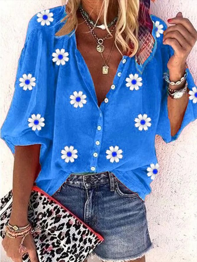 Casual Daisy Loose V Neck Three Quarter Sleeve Blouse