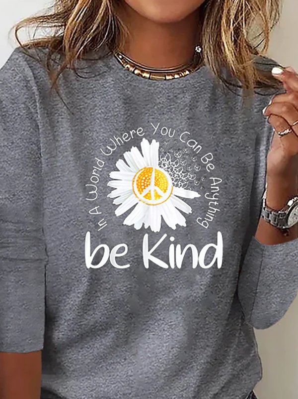 Women Casual Autumn Daisy Micro-Elasticity Loose Standard Long sleeve Crew Neck H-Line T-shirt