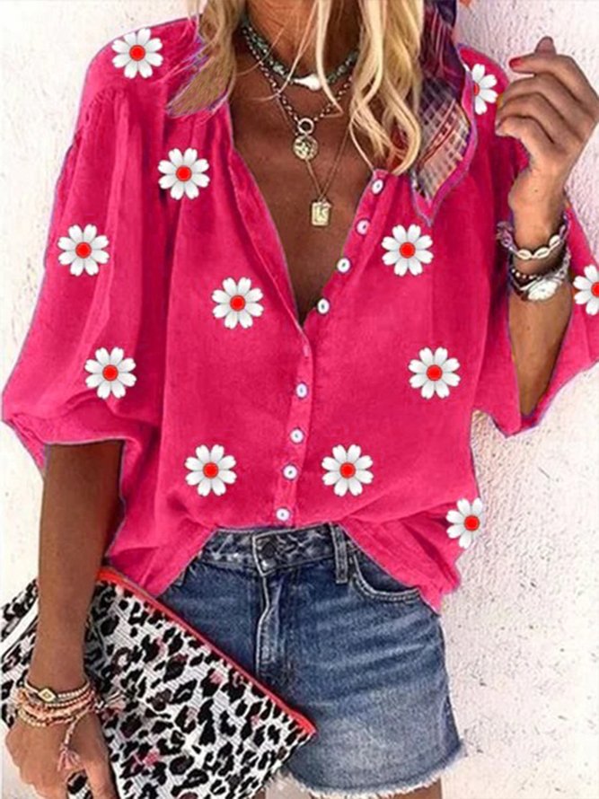 Casual Daisy Loose V Neck Three Quarter Sleeve Blouse
