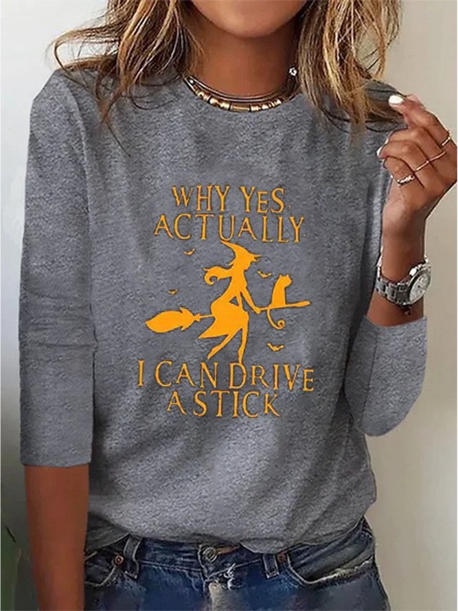 Witch Casual Loose Halloween H-Line Long Sleeve Jersey Crew Neck T-Shirt