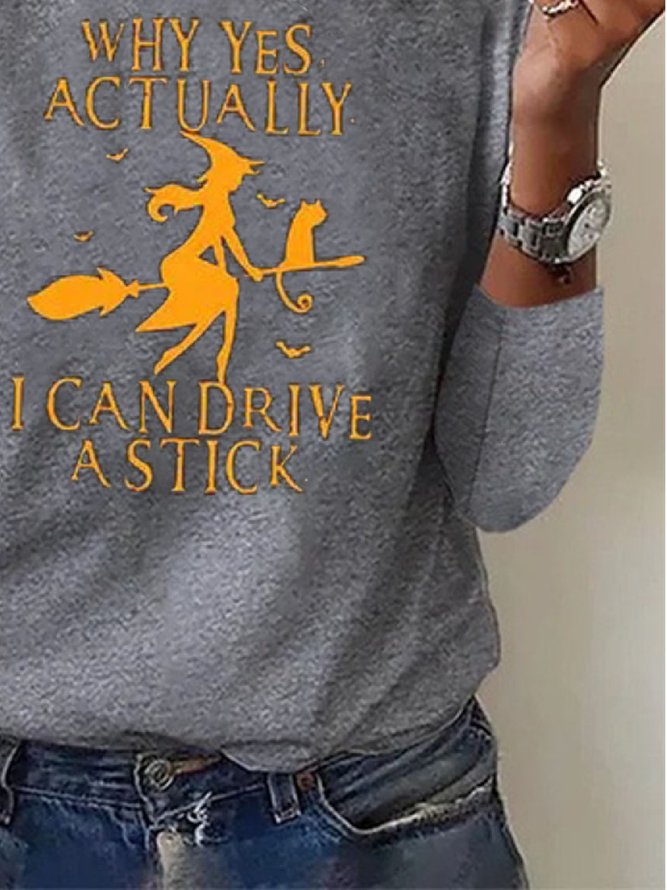 Witch Casual Loose Halloween H-Line Long Sleeve Jersey Crew Neck T-Shirt