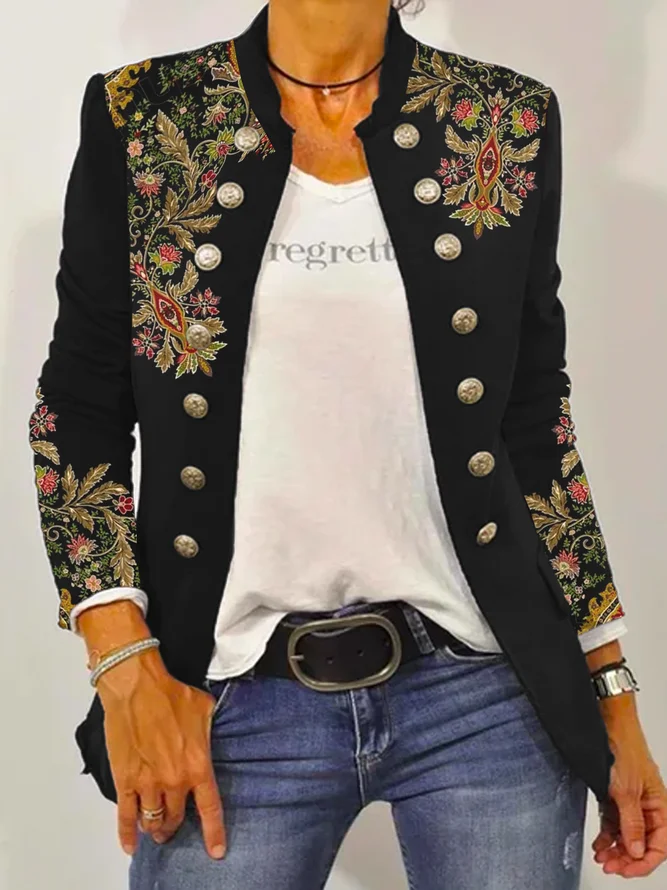 Ethnic Embroidery Stand Collar Casual H-Line Twill Long Sleeve Pilot Jacket