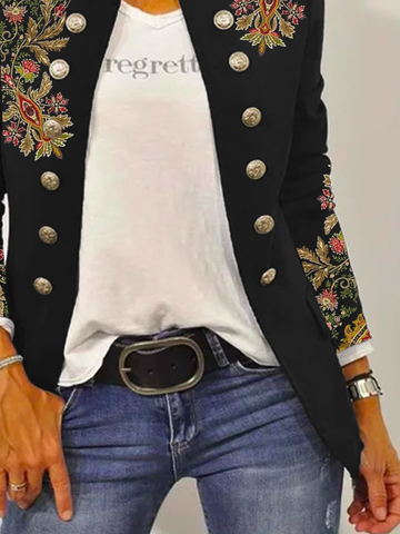 Ethnic Embroidery Stand Collar Casual H-Line Twill Long Sleeve Pilot Jacket