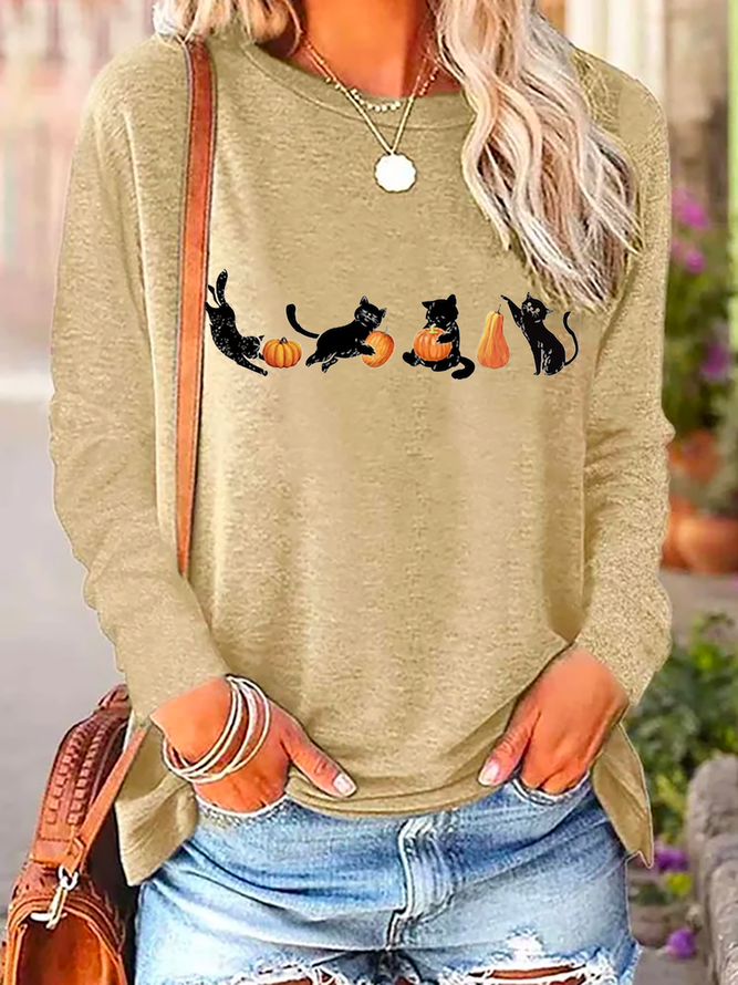 Halloween Pumpkin Cat Printed Casual T-Shirt