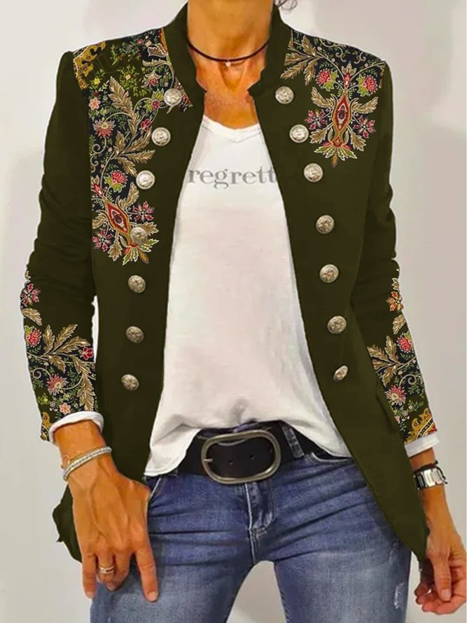 Ethnic Embroidery Stand Collar Casual H-Line Twill Long Sleeve Pilot Jacket