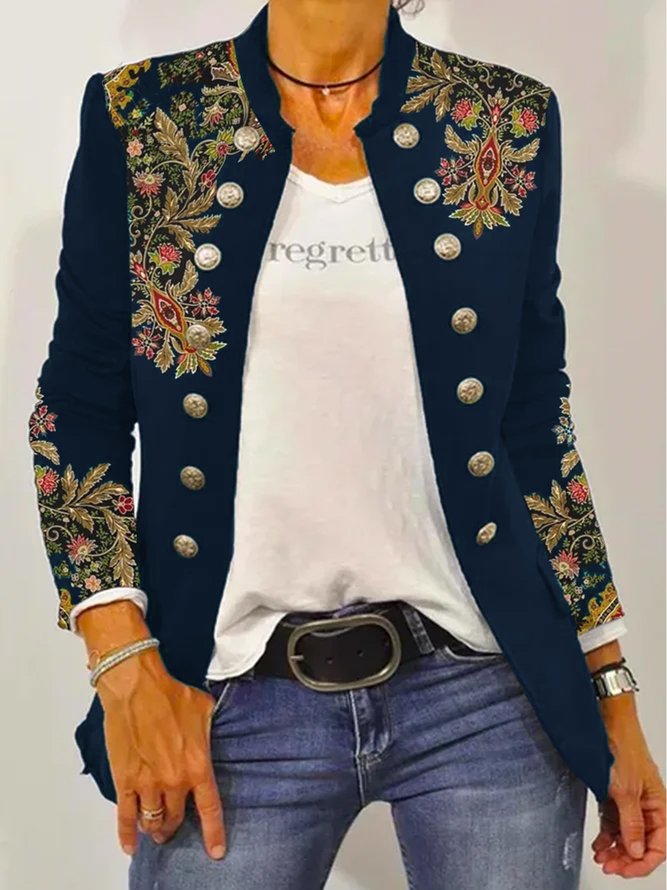 Ethnic Embroidery Stand Collar Casual H-Line Twill Long Sleeve Pilot Jacket