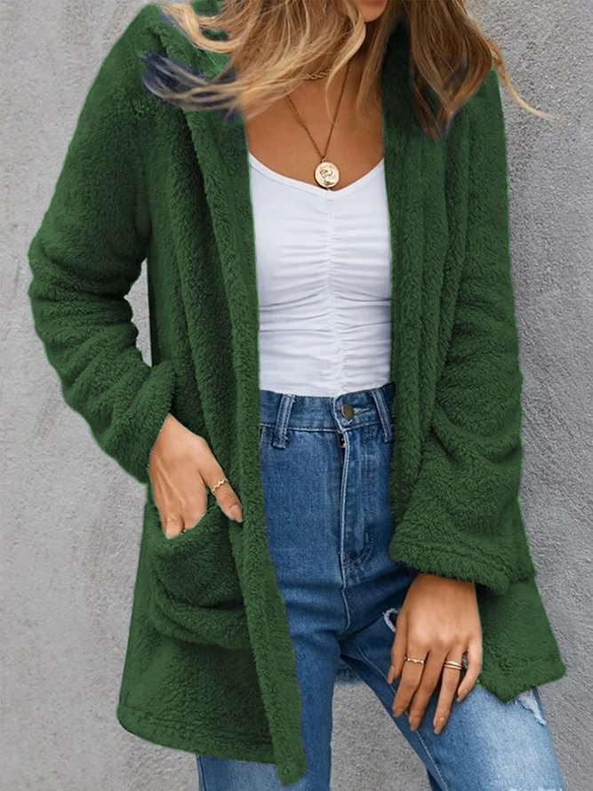 Plain Long Sleeve Hoodie Pockets Casual Plush Coat