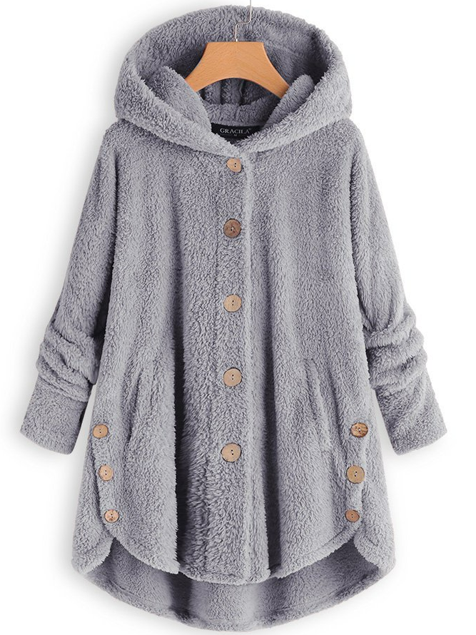 zolucky Cozy Fleece Hooded Sherpa Coat Symmetrical Button Teddy Bear Coat