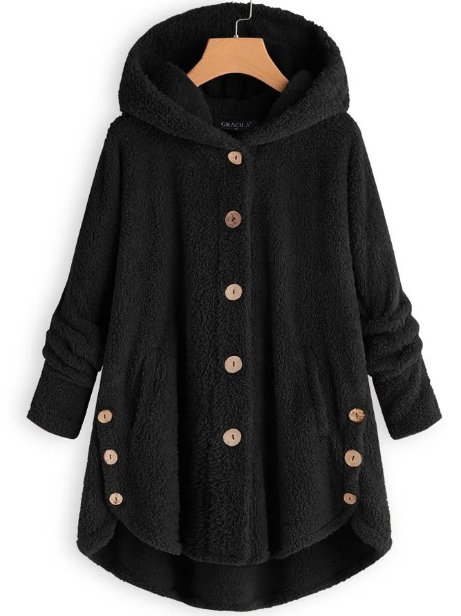 zolucky Cozy Fleece Hooded Sherpa Coat Symmetrical Button Teddy Bear Coat