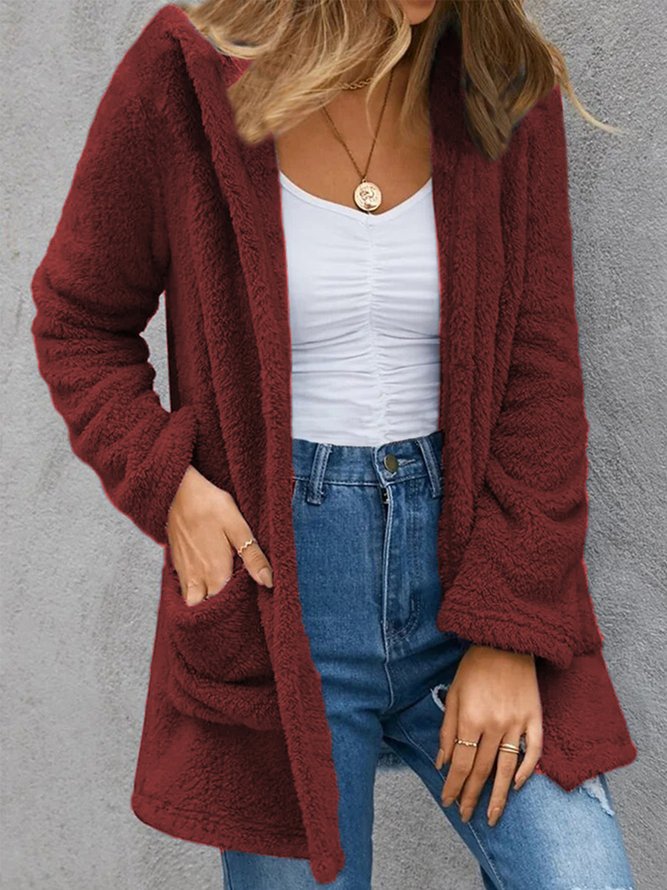 Plain Long Sleeve Hoodie Pockets Casual Plush Coat