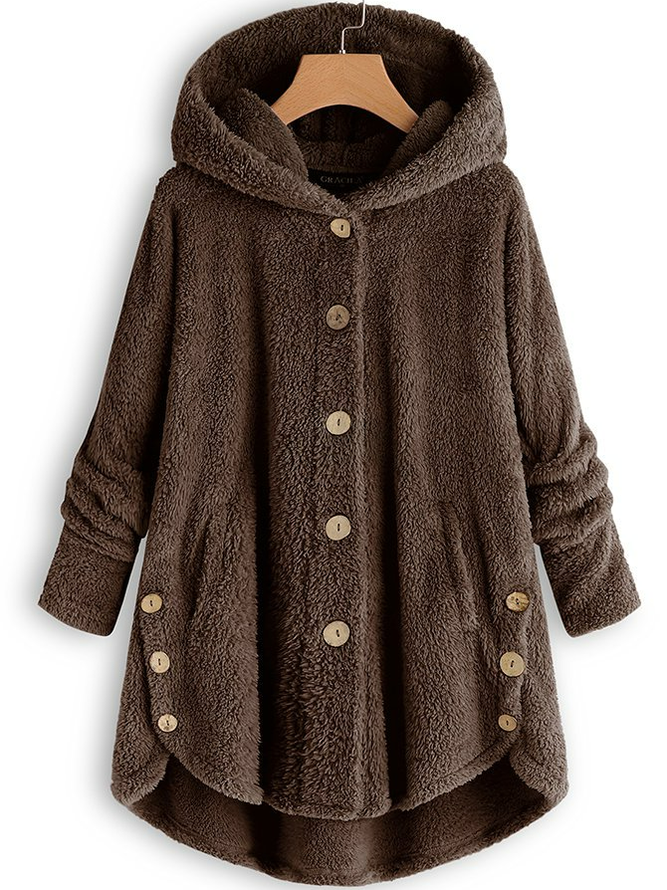 zolucky Cozy Fleece Hooded Sherpa Coat Symmetrical Button Teddy Bear Coat