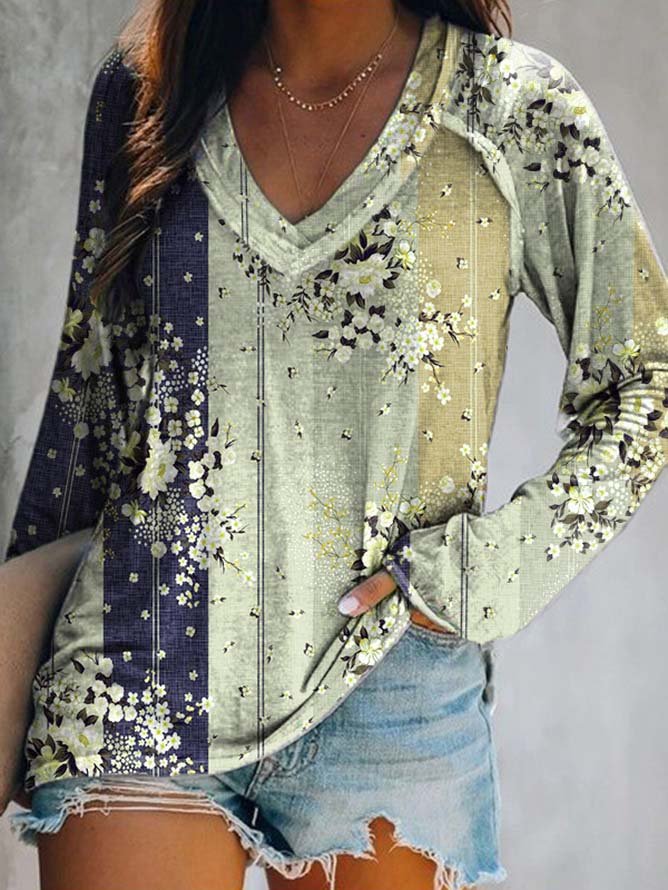 Long sleeve V Neck Floral Casual T-Shirt