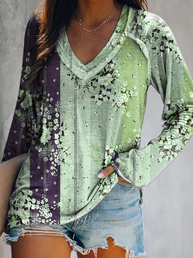 Long sleeve V Neck Floral Casual T-Shirt
