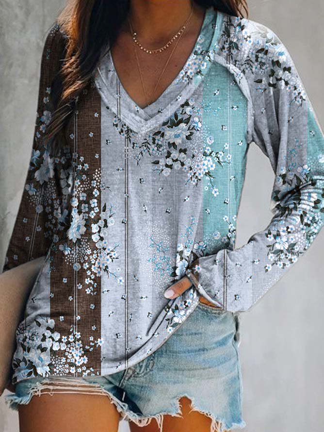 Long sleeve V Neck Floral Casual T-Shirt
