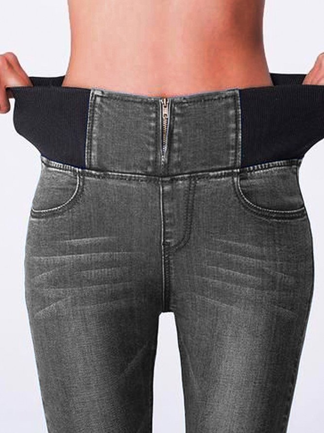 Casual Plain Autumn Daily Tight Standard Denim Long H-Line Jeans for Women
