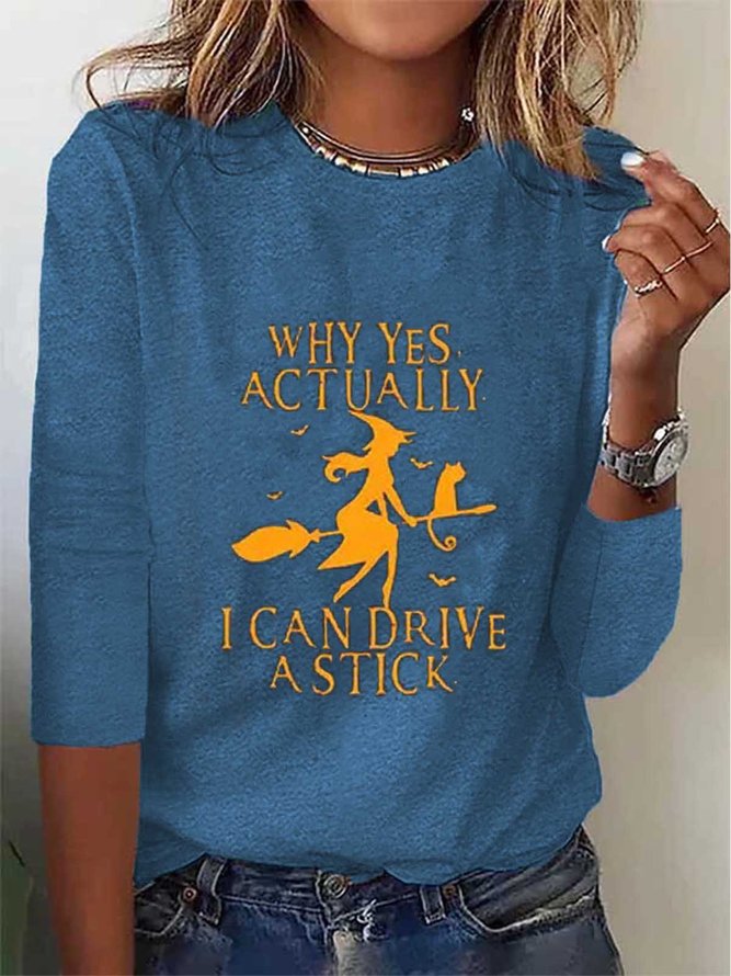 Witch Casual Loose Halloween H-Line Long Sleeve Jersey Crew Neck T-Shirt