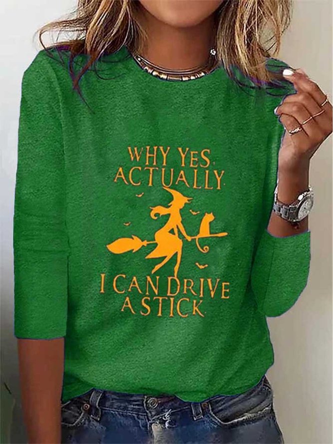 Witch Casual Loose Halloween H-Line Long Sleeve Jersey Crew Neck T-Shirt